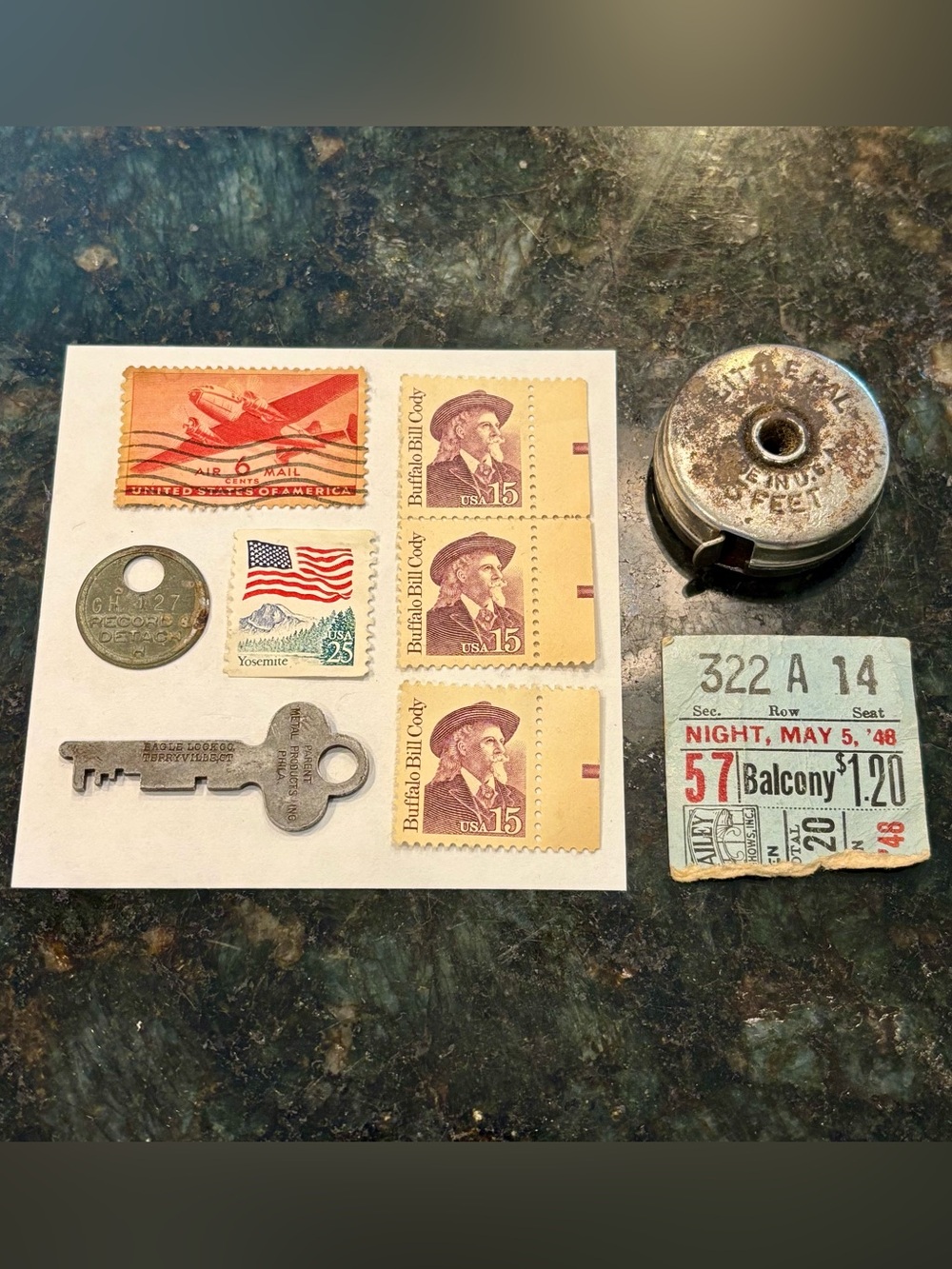 BUNDLE Vintage Trinkets: Stamps Little Pal Tape Measure Key Ticket Stub